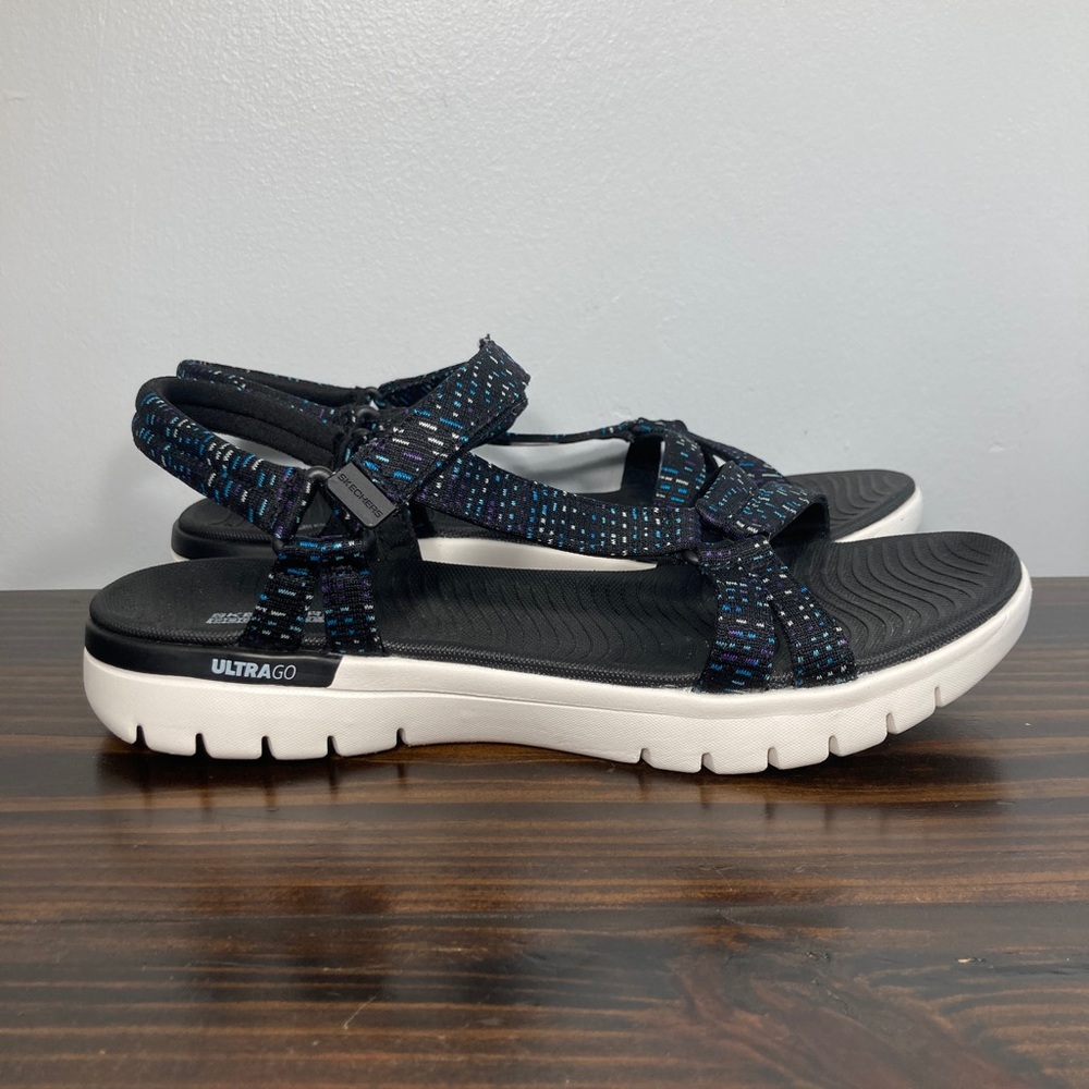 Skechers Ultra Go Flex Goga Mat Black Strappy Outdoor Sandals Womens Size 11